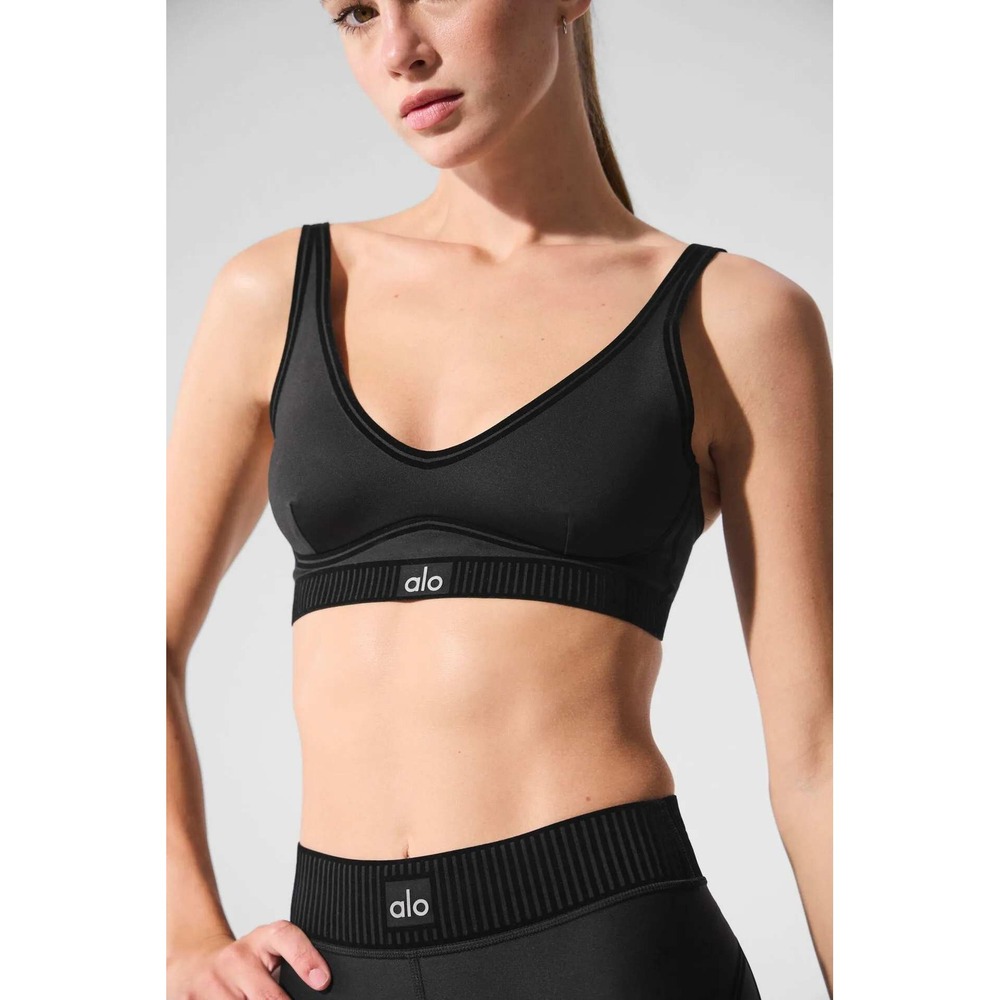 Alo Yoga Top Airlift Line Up Bra Women S Black Athletic V-Neck Adjustable Straps